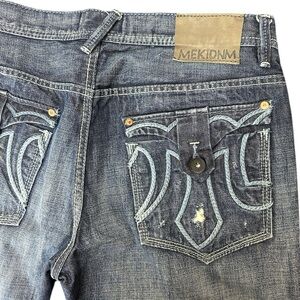 MEK Denim Mulholland Slim Boot Blue Jeans Size 34 Distressed Embroidered Pockets